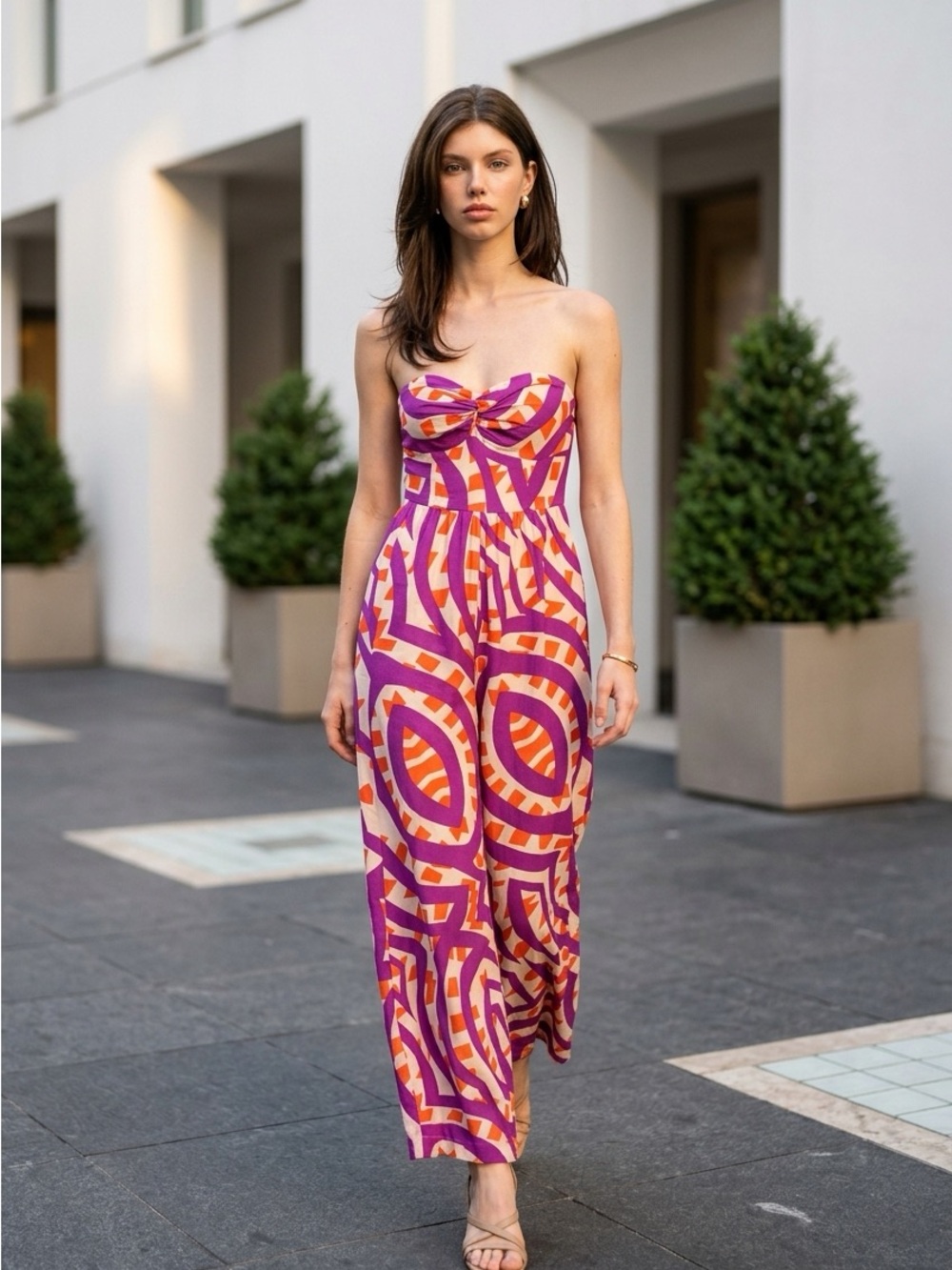 Strapless Geometric Print Jumpsuit in Purple & Orange